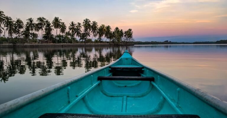 Tranquil scene of a canoe on a peaceful lake with palm trees and a vibrant sunset sky.
